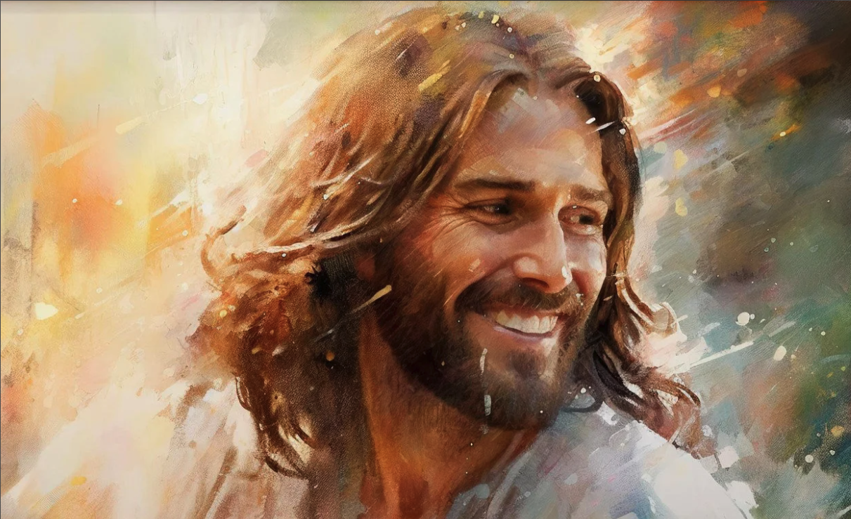 A painted portrait of Christ smiling